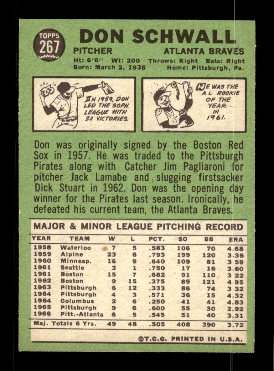 1967 Topps #267 Don Schwall PACK FRESH HOF10010337