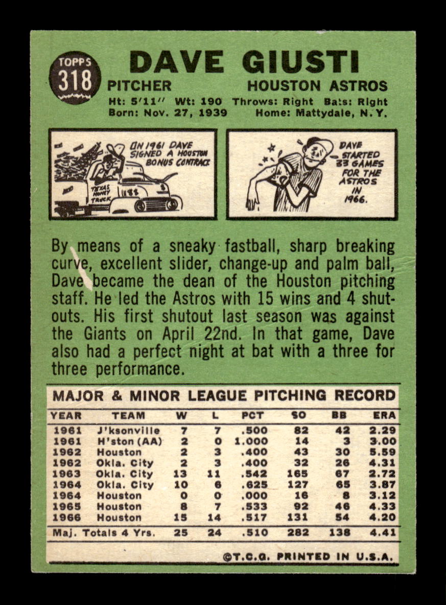 1967 Topps #318 Dave Giusti PACK FRESH HOF10010384