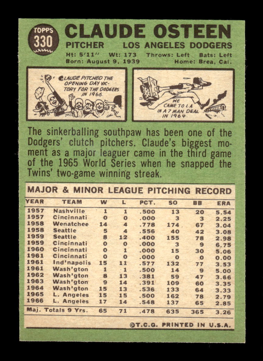 1967 Topps #330 Claude Osteen PACK FRESH HOF10010394