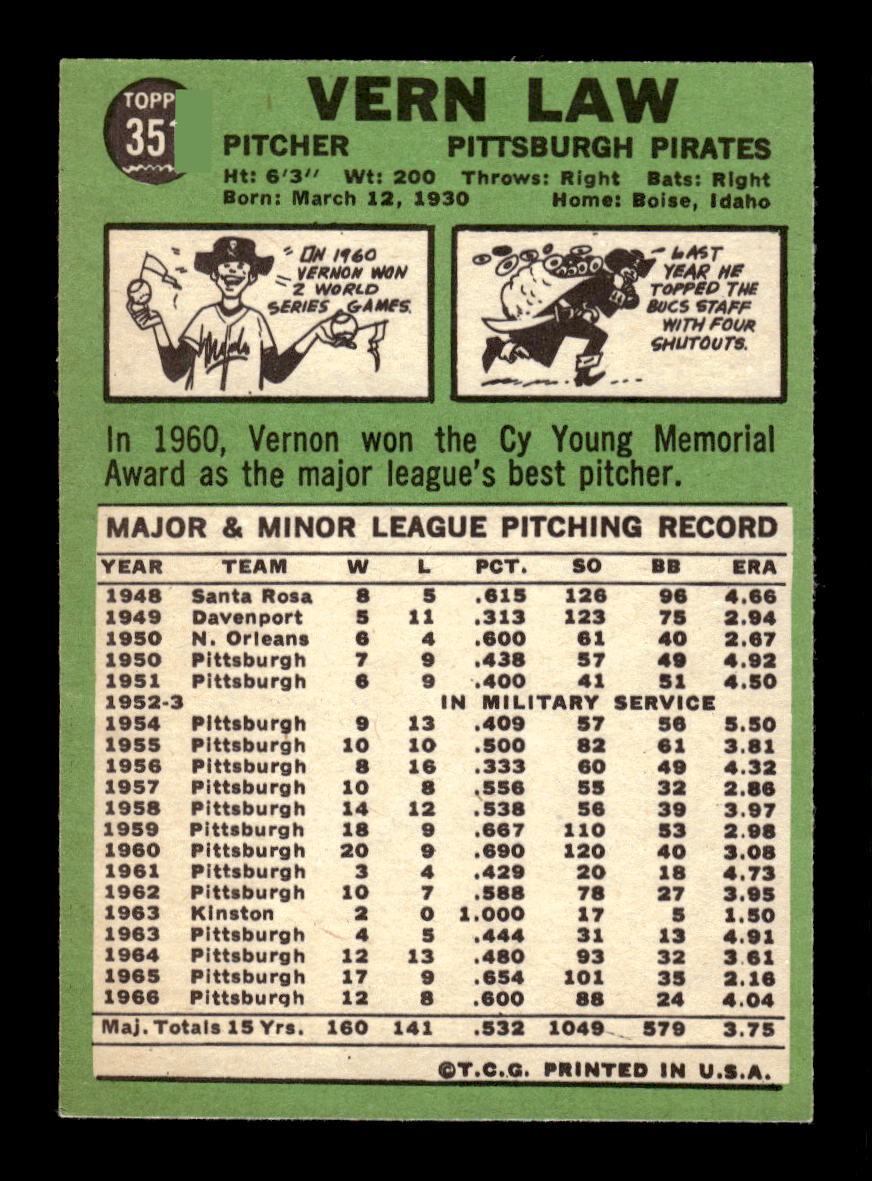 1967 Topps #351 Vern Law PACK FRESH HOF10010412