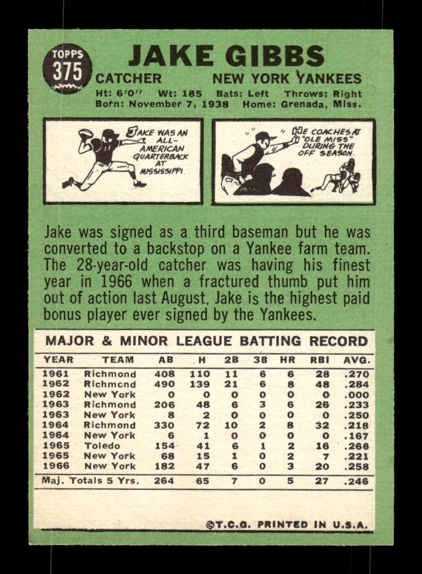 1967 Topps #375 Jake Gibbs PACK FRESH HOF10010429