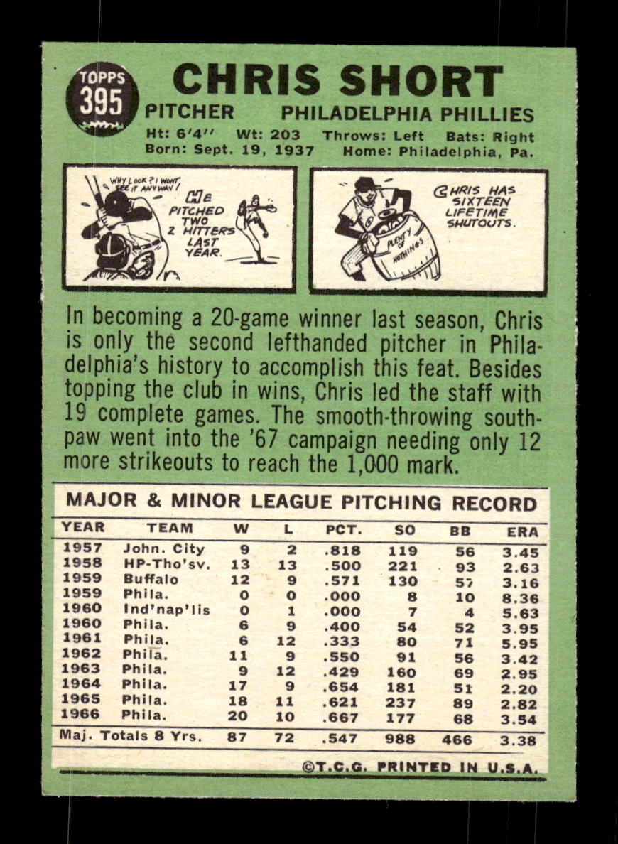 1967 Topps #395 Chris Short PACK FRESH HOF10010447