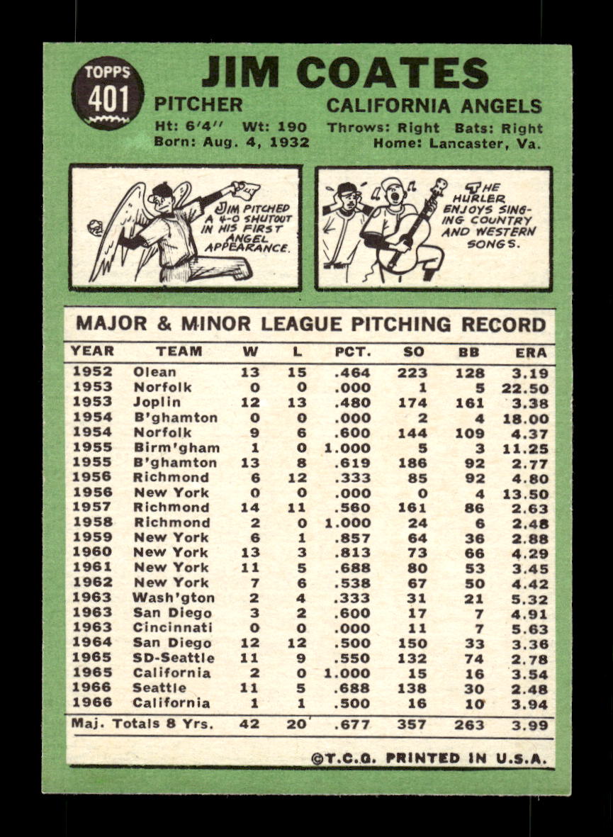 1967 Topps #401 Jim Coates PACK FRESH HOF10010453