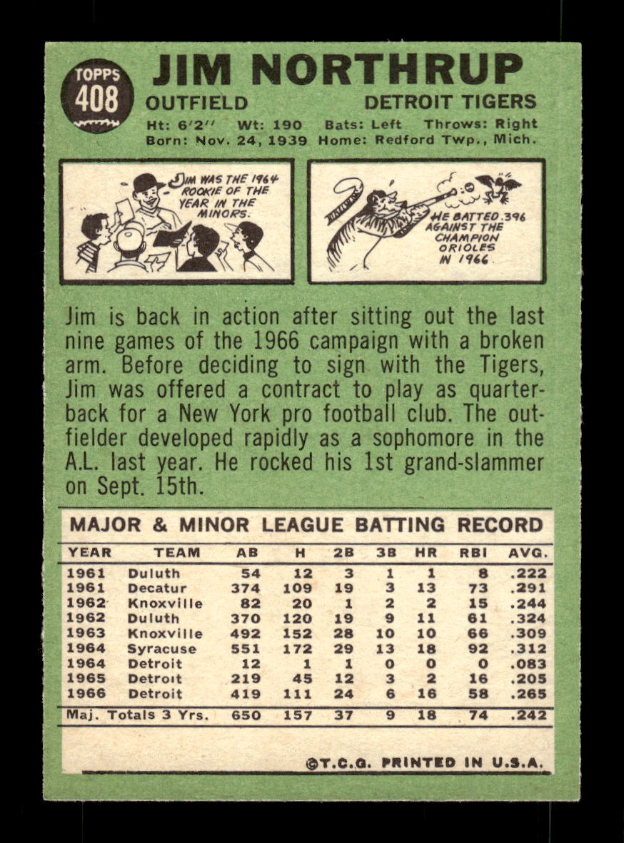 1967 Topps #408 Jim Northrup PACK FRESH HOF10010459