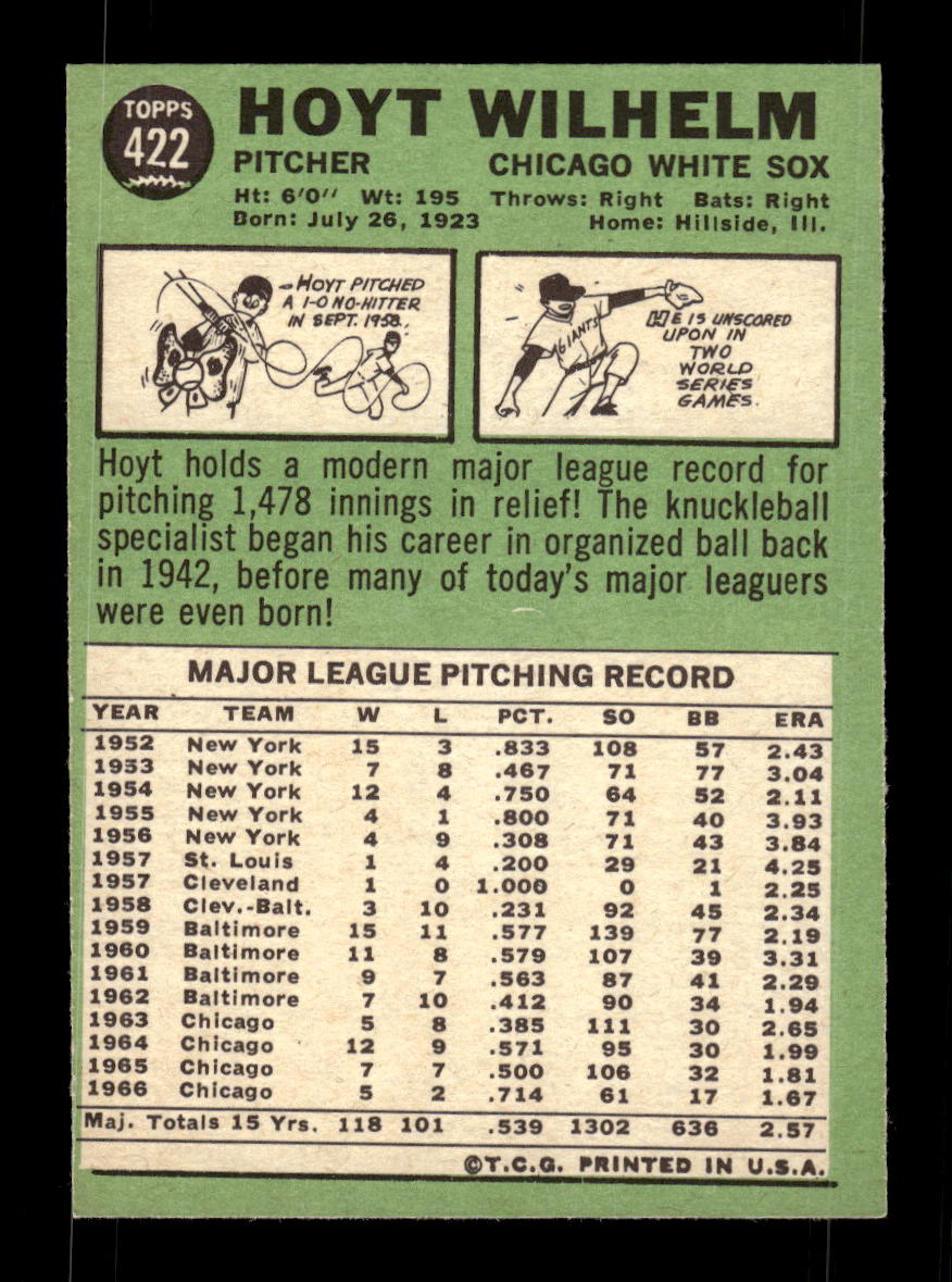 1967 Topps #422 Hoyt Wilhelm PACK FRESH HOF10010470