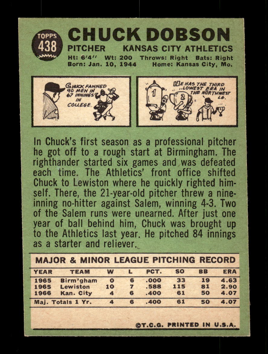 1967 Topps #438 Chuck Dobson PACK FRESH HOF10010482