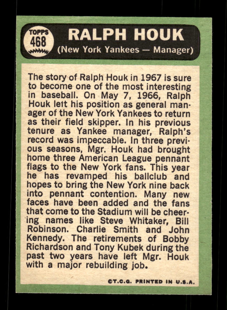 1967 Topps #468 Ralph Houk PACK FRESH HOF10010508