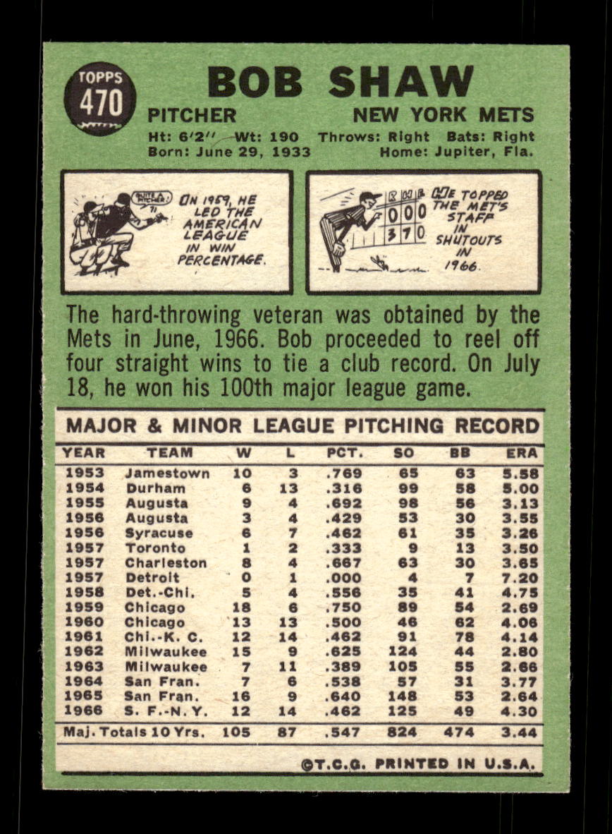 1967 Topps #470 Bob Shaw PACK FRESH HOF10010510