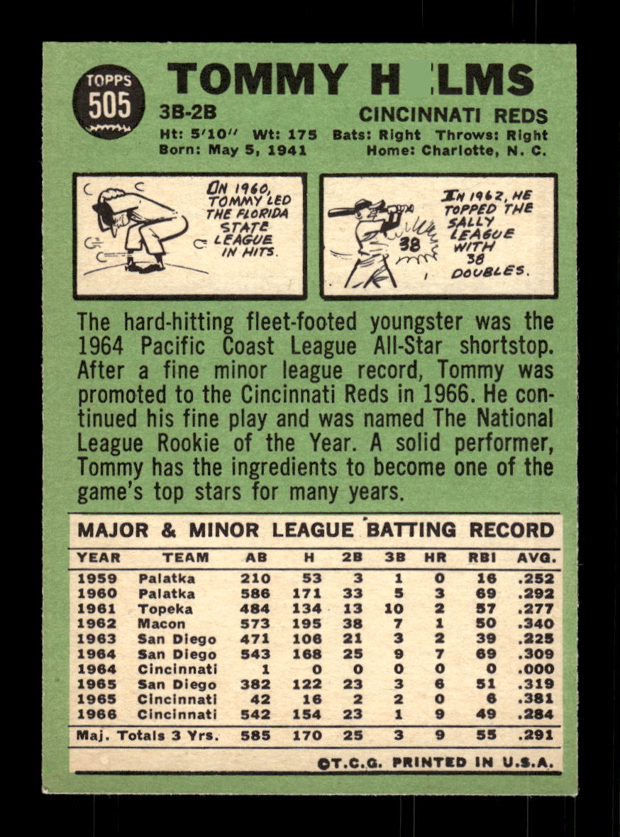 1967 Topps #505 Tommy Helms PACK FRESH HOF10010525