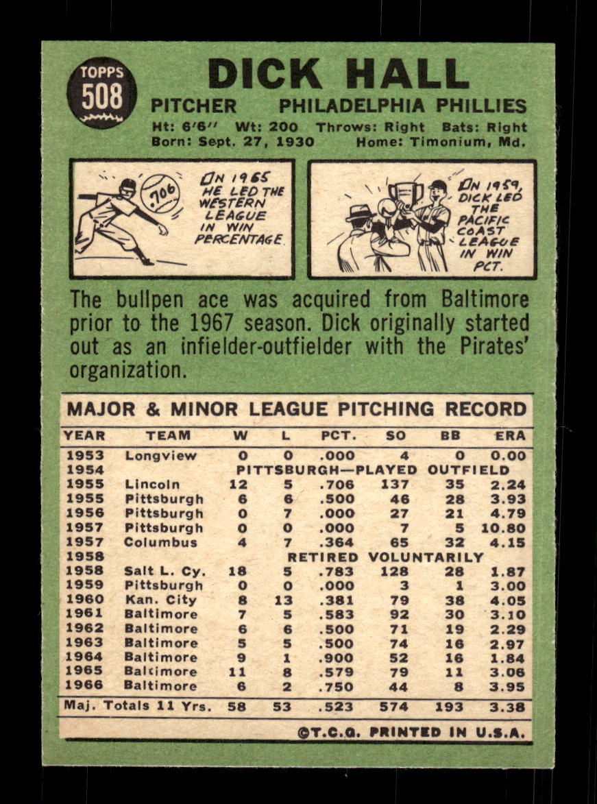 1967 Topps #508 Dick Hall PACK FRESH HOF10010527