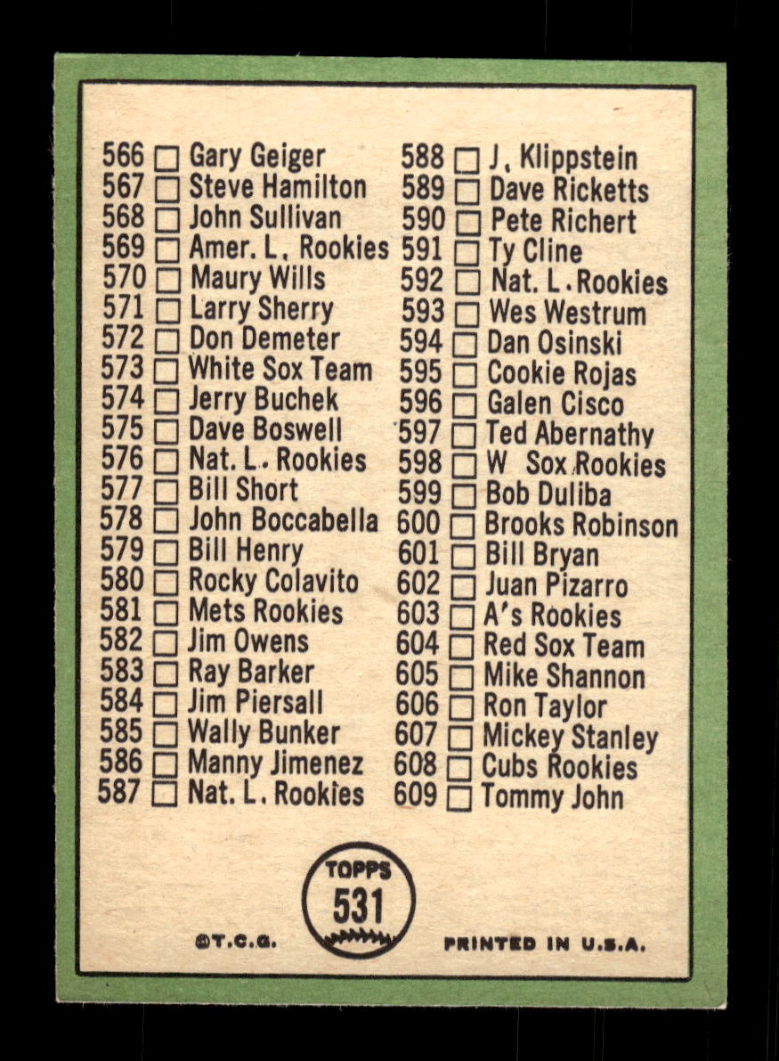 1967 Topps #531 7th Series Checklist 534-609 PACK FRESH HOF10010541