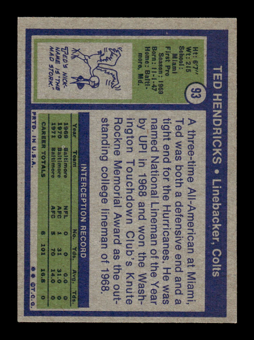 1972 Topps #93 Ted Hendricks Baltimore Colts NMT HOF10010660