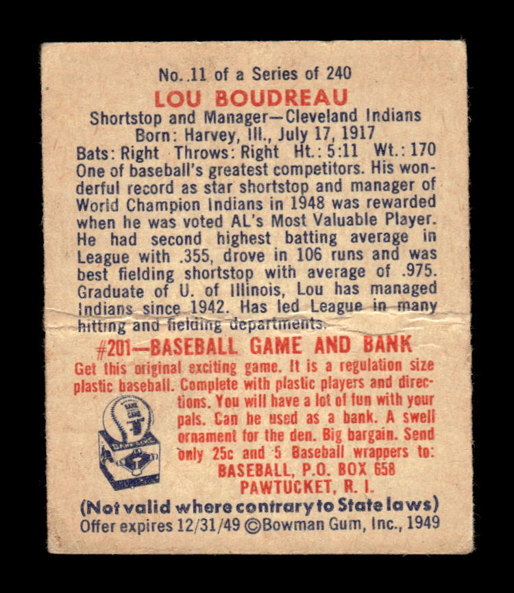 1949 Bowman #11 Lou Boudreau Cleveland Indians G/VG HOF10010666