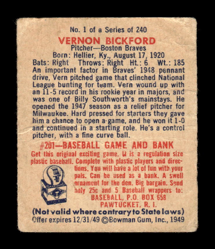 1949 Bowman #1 Vernon Bickford Boston Braves Poor HOF10010667