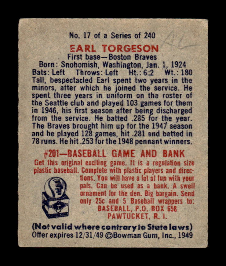1949 Bowman #17 Earl Torgeson Boston Braves G/VG HOF10010668
