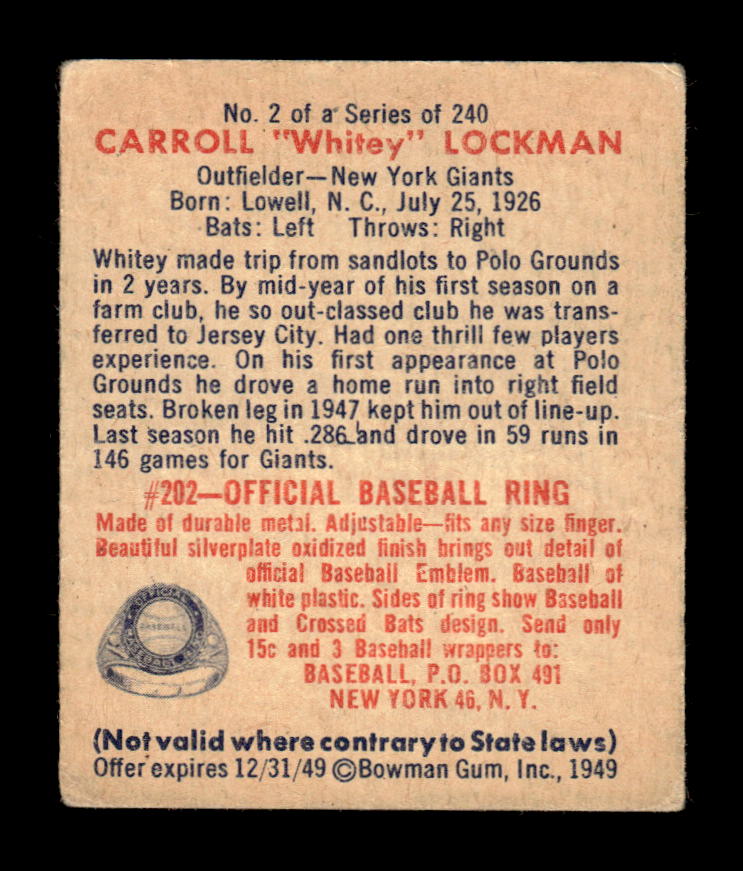 1949 Bowman #2 Carroll "Whitey" Lockman New York Giants G/VG HOF10010669