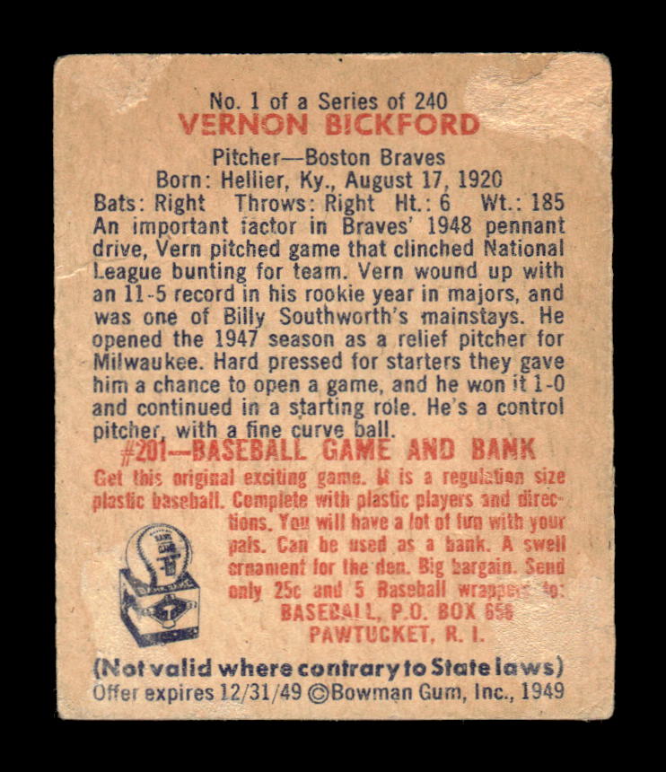 1949 Bowman #1 Vernon Bickford Boston Braves G/VG HOF10010671