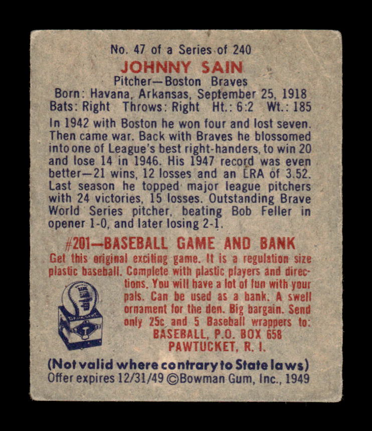 1949 Bowman #47 Johnny Sain Boston Braves VG HOF10010672