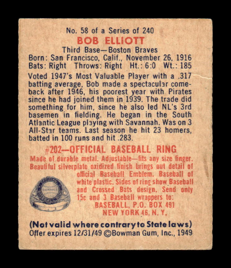 1949 Bowman #58 Bob Elliott Boston Braves VGEX HOF10010673
