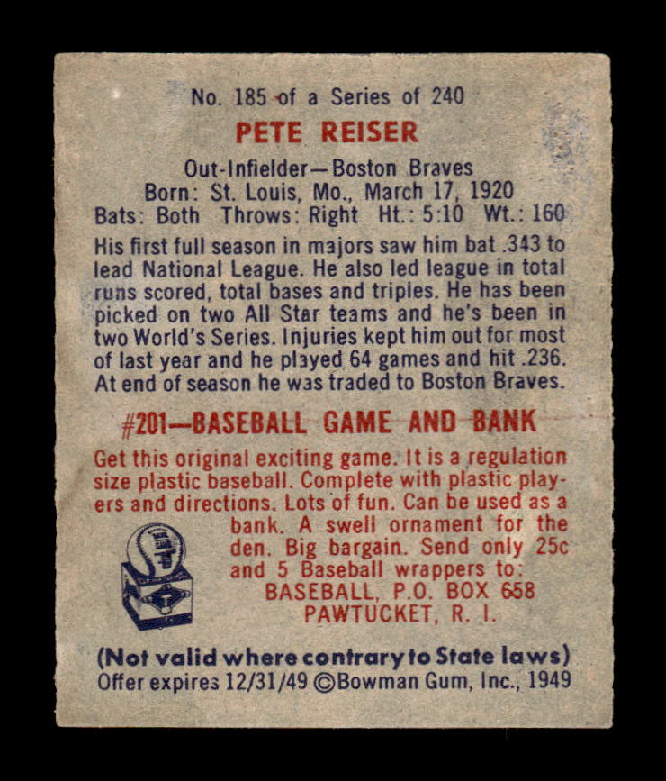 1949 Bowman #185 Pete Reiser Boston Braves VG HOF10010674