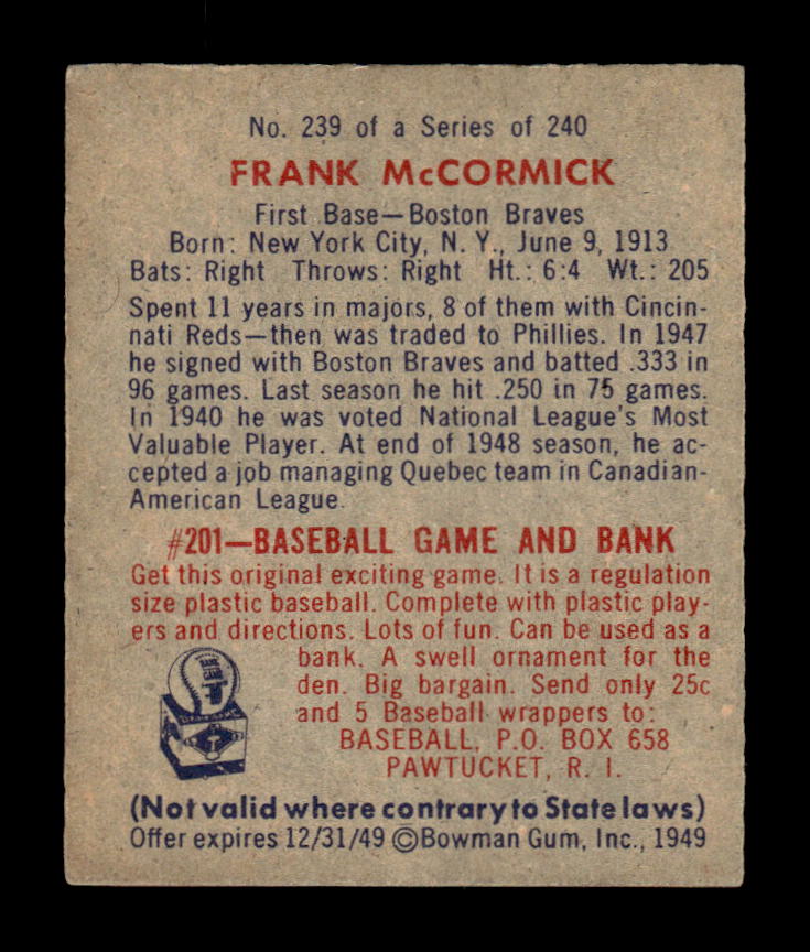 1949 Bowman #239 Frank McCormick Boston Braves VG HOF10010675