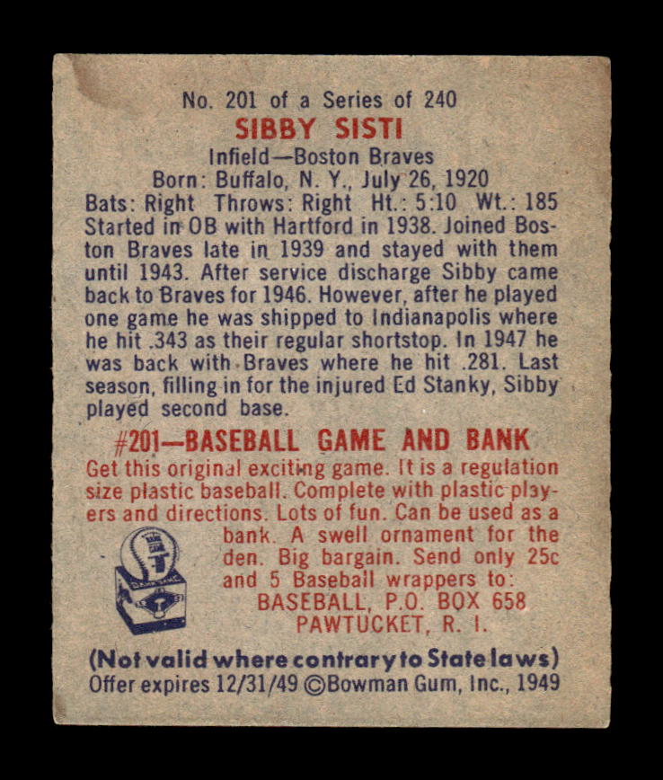 1949 Bowman #201 Sibby Sisti Boston Braves VG HOF10010676