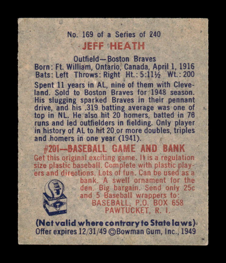 1949 Bowman #169 Jeff Heath Boston Braves EX HOF10010678