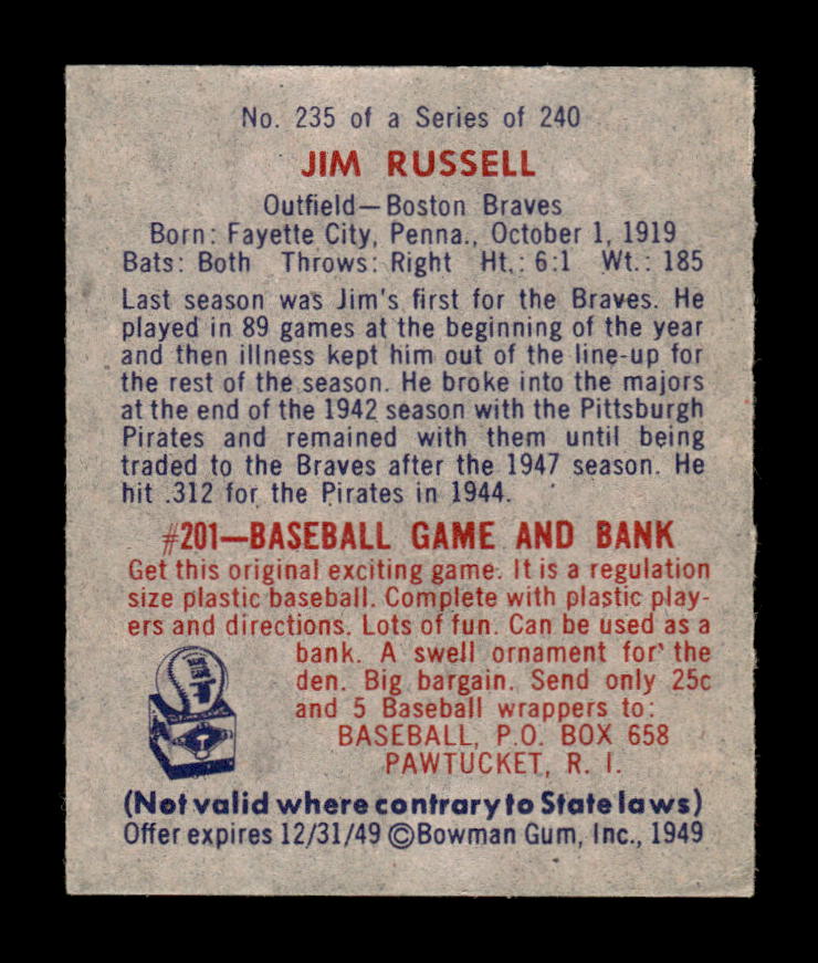 1949 Bowman #235 Jim Russell Boston Braves EXMT HOF10010680