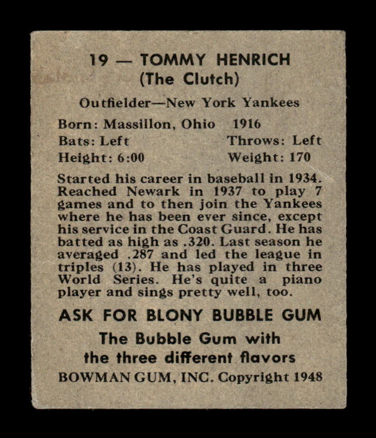 1948 Bowman #19 Tommy Henrich New York Yankees VGEX HOF10010683