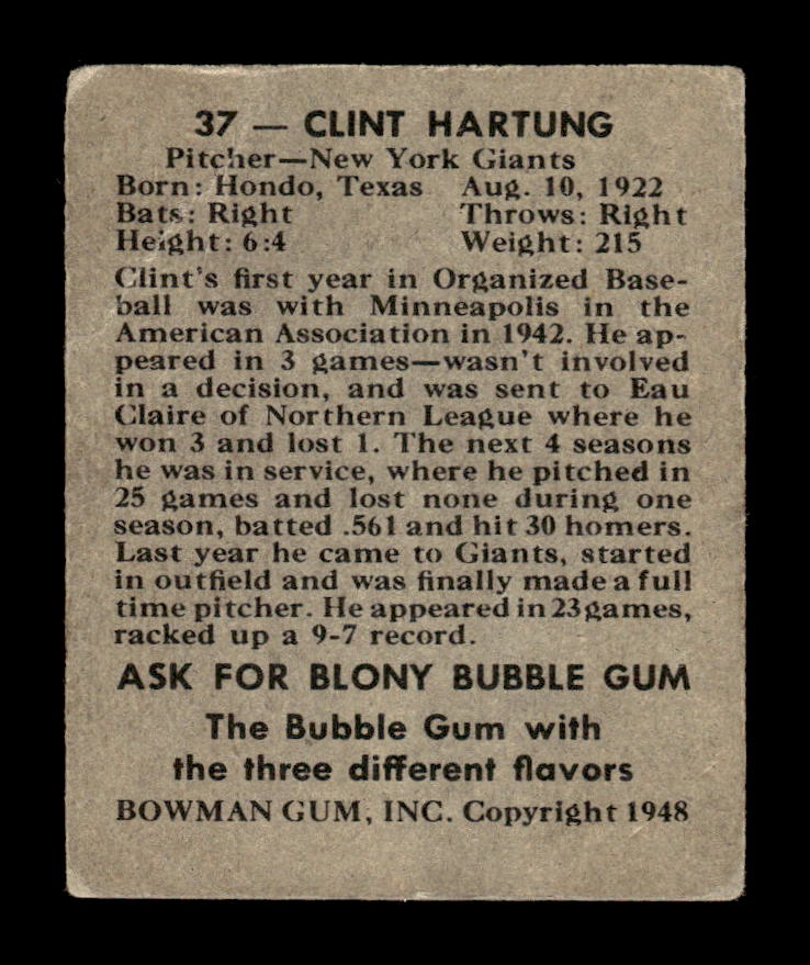 1948 Bowman #37 Clint Hartung New York Giants G/VG HOF10010685