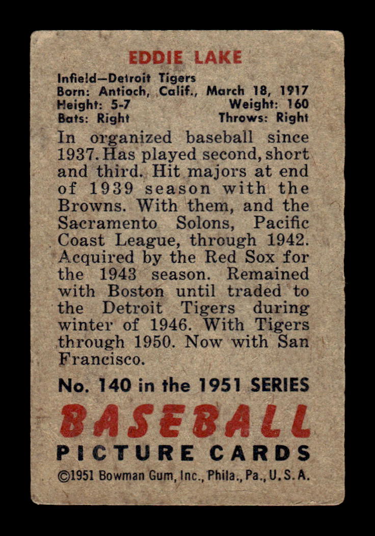 1951 Bowman #140 Eddie Lake Detroit Tigers G/VG HOF10010716