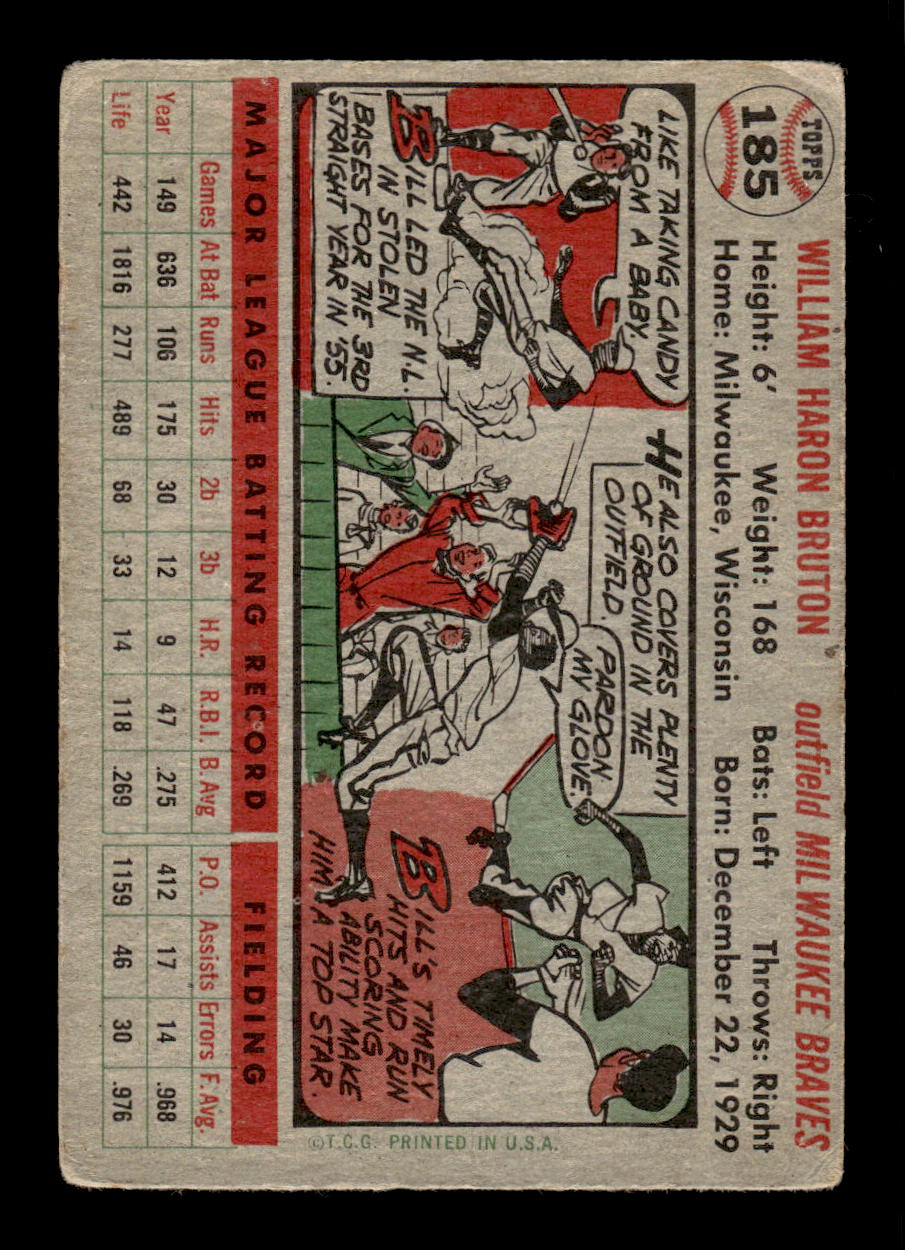 1956 Topps #185 Bill Bruton Milwaukee Braves VG HOF10010727