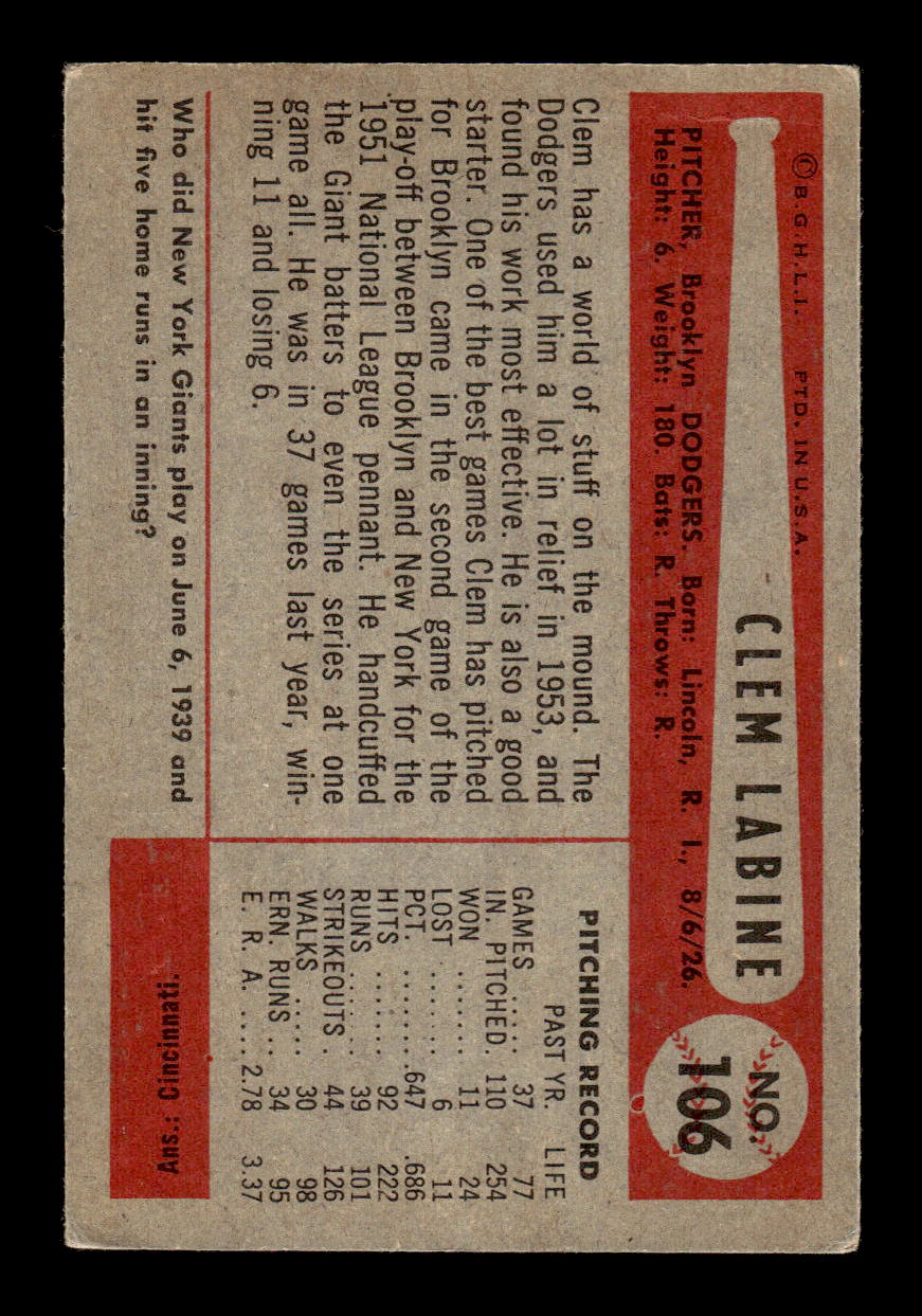 1954 Bowman #106 Clem Labine Brooklyn Dodgers VGEX HOF10010731
