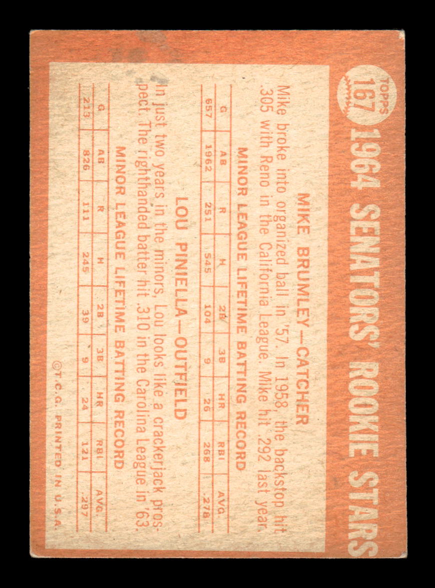 1964 Topps #167 Senators 1964 Rookie Stars Lou Piniella VG HOF10010736