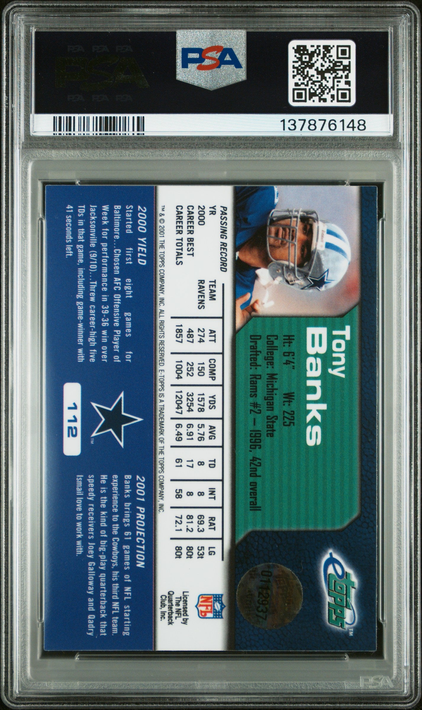 2001 Etopps #112 Tony Banks 186 Print run PSA 8 SN 137876148