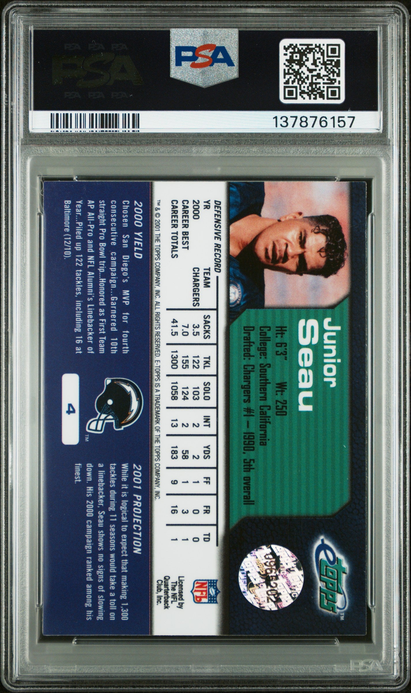 2001 Etopps #4 Junior Seau 389 Print run PSA 8 SN 137876157