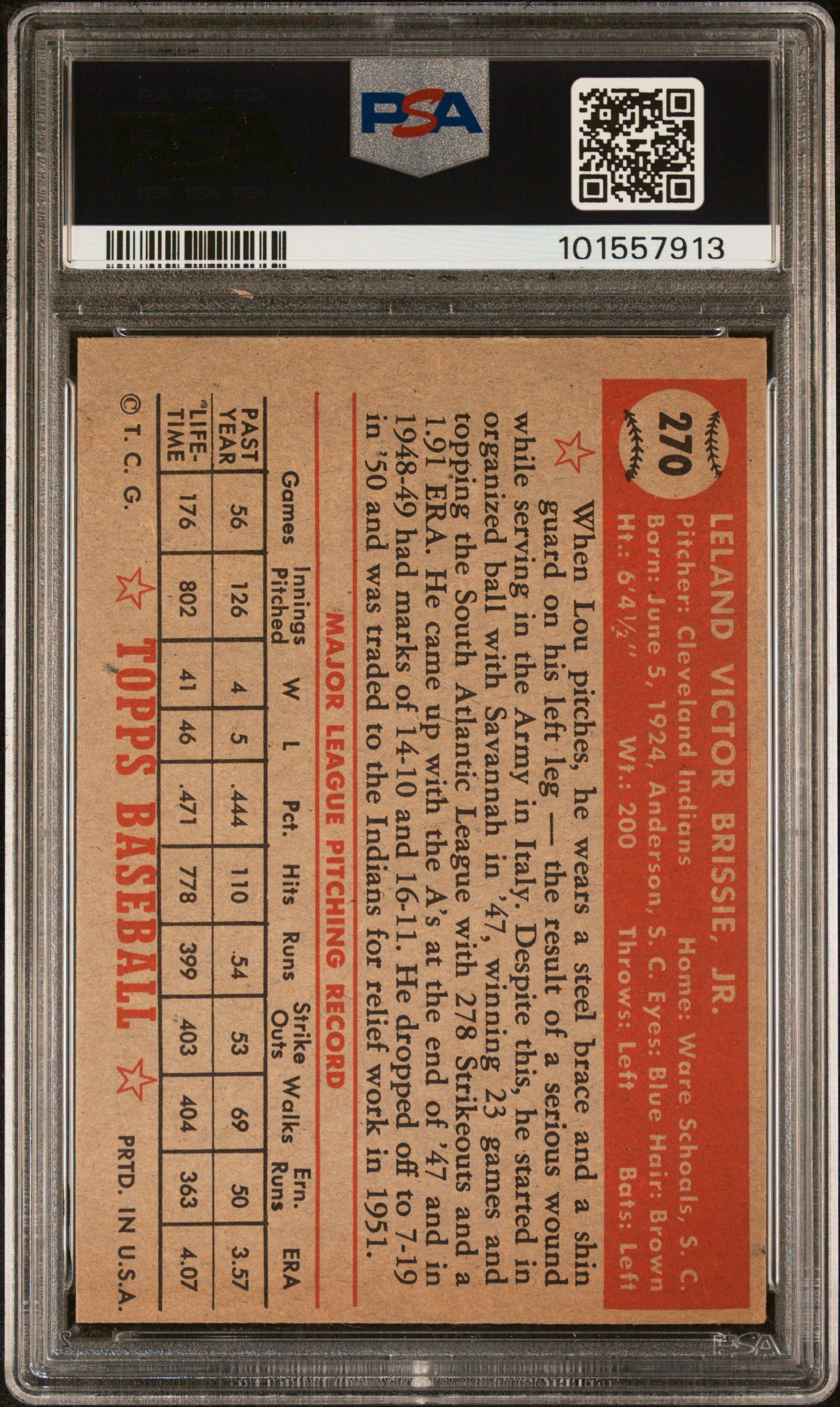 1952 Topps #270 Lou Brissie PSA 3 SN 101557913