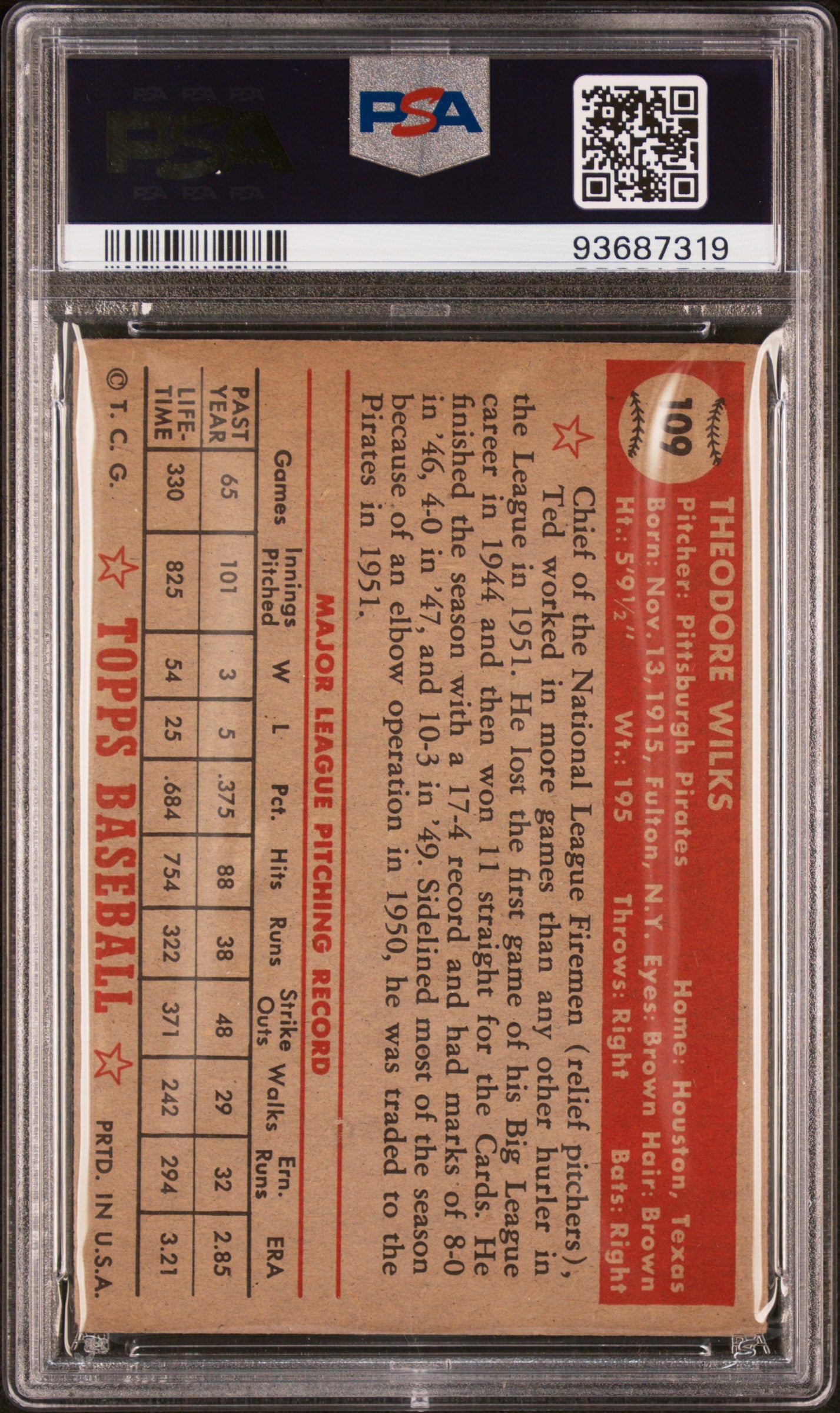 1952 Topps #109 Ted Wilks PSA 3 SN 93687319