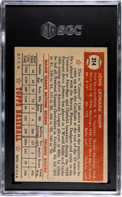 1952 Topps #214 Johnny Hopp SGC 4.5 SN 3311666