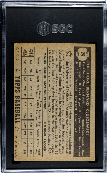 1952 Topps #29 Ted Kluszewski Black Back SGC 4.5 SN 9754759