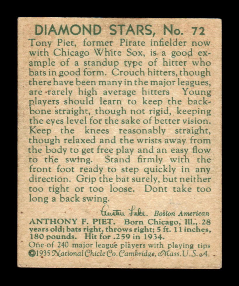 1934-36 National Chicle Diamond Stars (R327) #72 Tony Piet VGEX HOF10010816