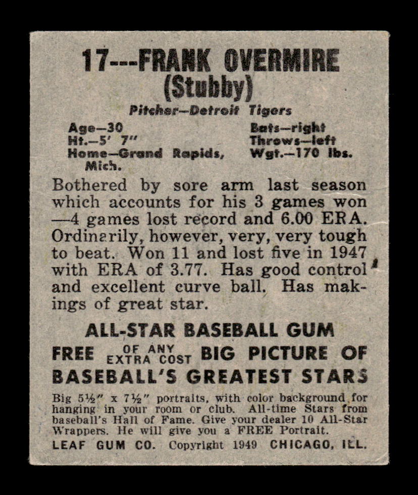 1948-49 Leaf #17 Frank Overmire Detroit Tigers VGEX HOF10010832