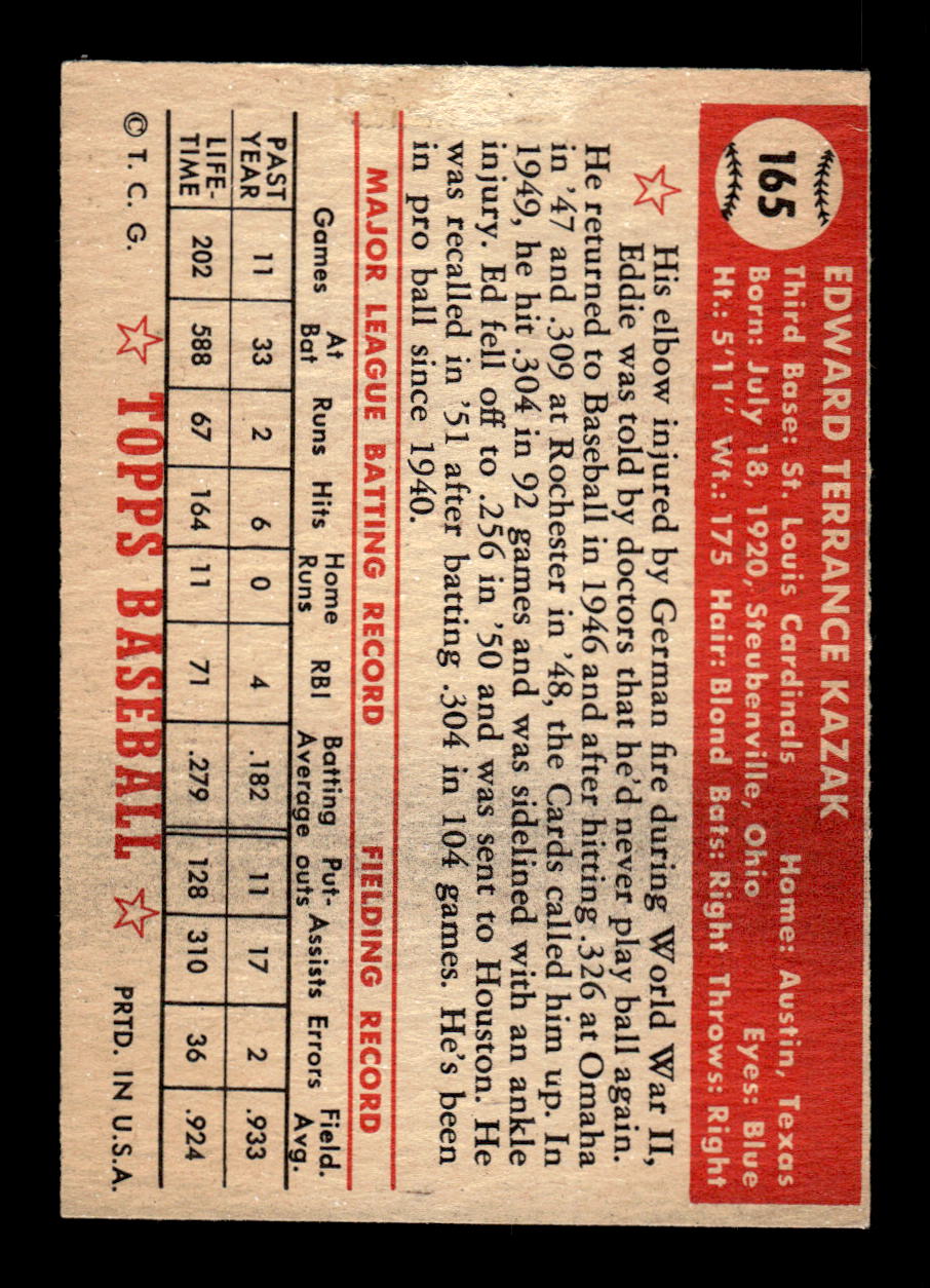 1952 Topps #165 Eddie Kazak St. Louis Cardinals VG HOF10010845