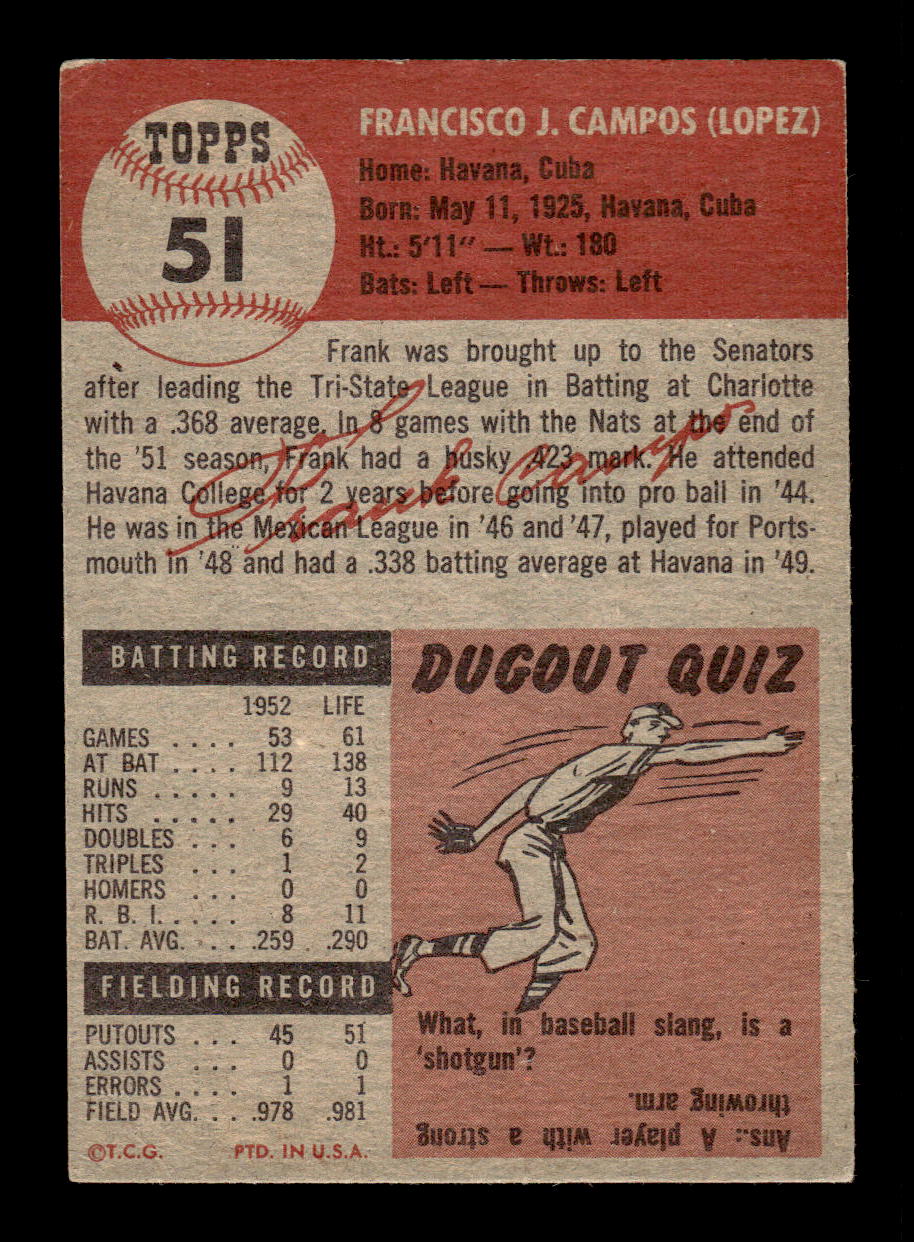 1953 Topps #51 Frank Campos Washington Senators EX HOF10010849