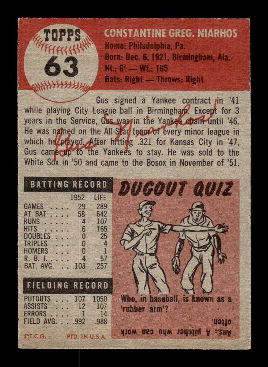 1953 Topps #63 Gus Niarhos Boston Red Sox EX HOF10010850