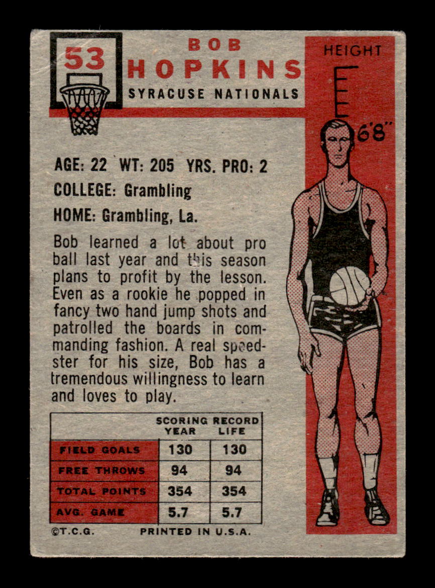 1957-58 Topps #53 Bob Hopkins Syracuse Nationals G/VG HOF10010900