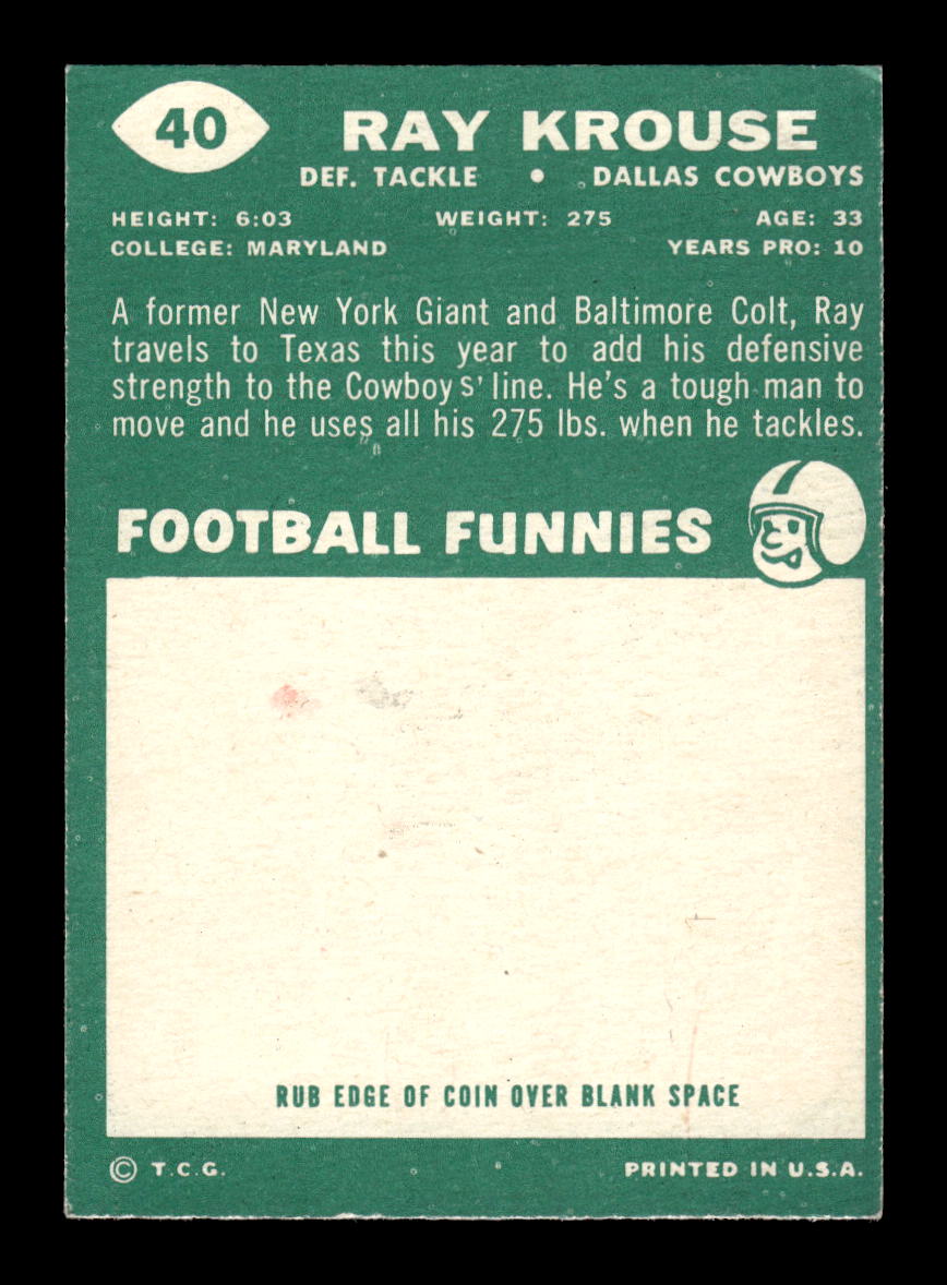 1960 Topps #40 Ray Krouse Dallas Cowboys VGEX HOF10010926