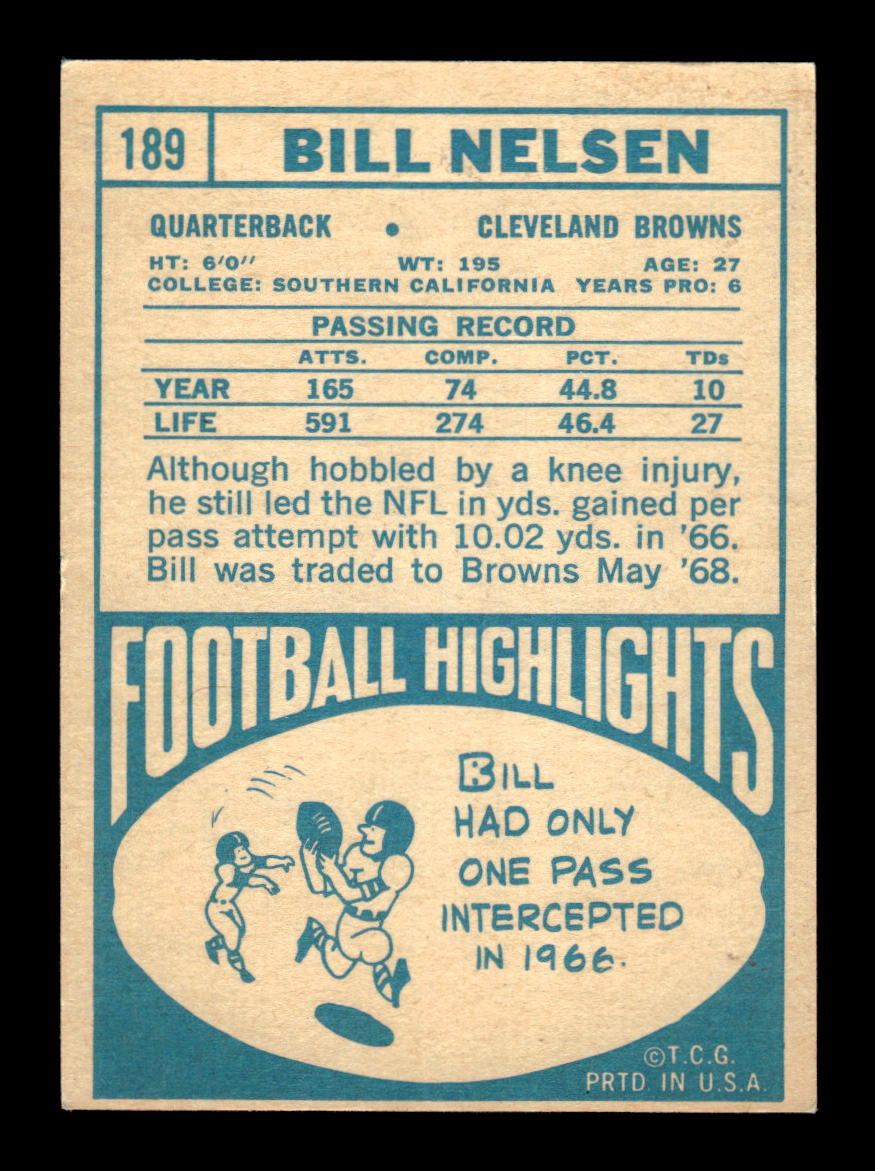 1968 Topps #189 Bill Nelsen Cleveland Browns EX HOF10010968