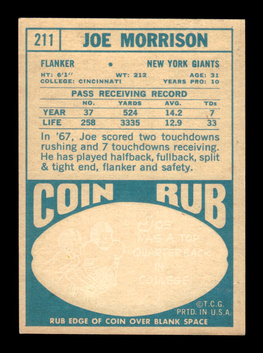 1968 Topps #211 Joe Morrison New York Giants EX HOF10010969