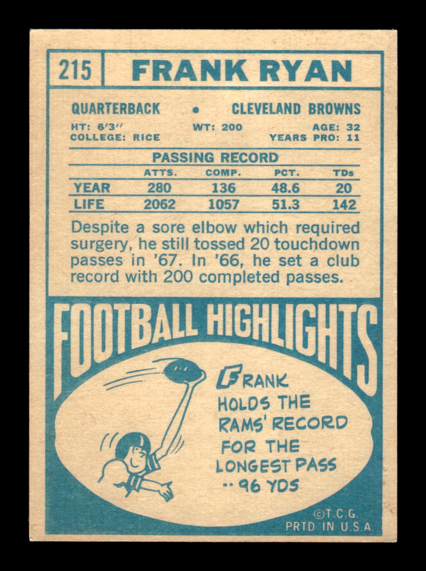 1968 Topps #215 Frank Ryan Cleveland Browns EX HOF10010970
